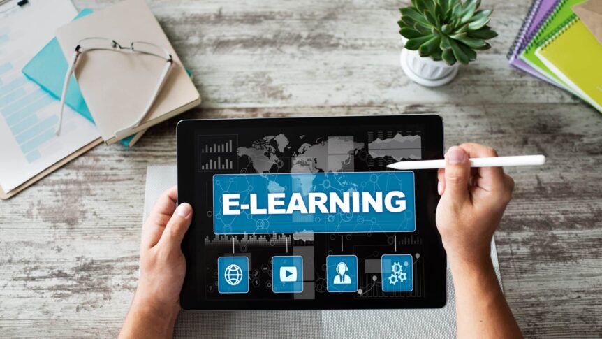 E learning, online education concept on device screen.